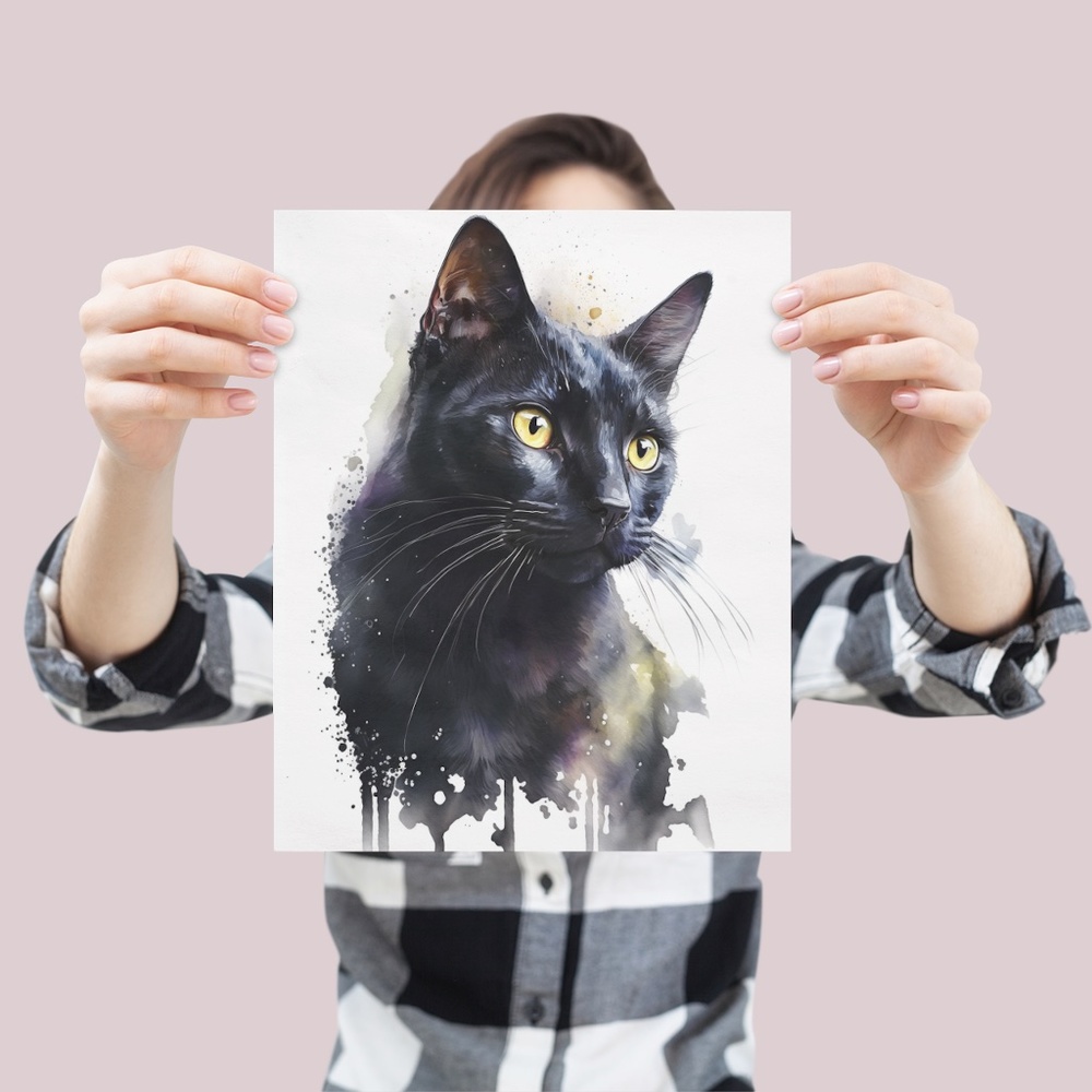 Black Cat Watercolor Wall Art Illustration Print Poster Card Unframed - Picture 4 of 6